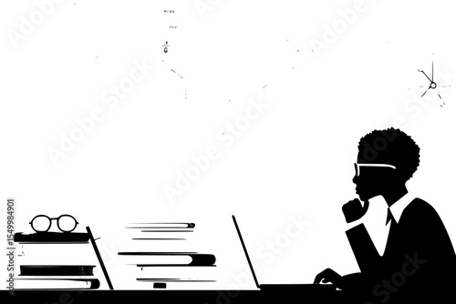 a black and white illustration of a woman working at a desk while a man works at a computer black, computer, desk, illustration, laptop, man, person, sit, table, woman, work, work on , Generative art.