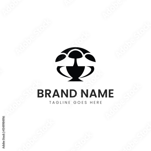 A sleek and modern logo design featuring a stylized trophy with a circular motif, presented in black and white for a simple yet striking appearance.