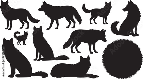 Silhouette Wolf Vector Set Lying and Standing Canine Wildlife Collection