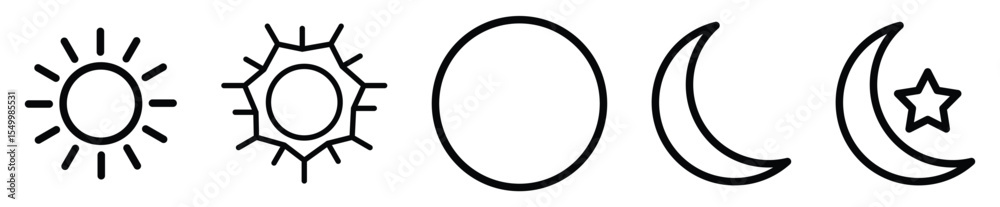Sun and night moon with stars editable stroke outline icons set isolated on white background flat vector illustration. Sun and night moon with stars editable stroke outline icons set isolated on white background flat vector illustration.