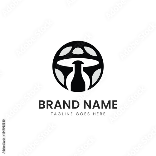 A minimalist logo design featuring a stylized mushroom cap and a bottle silhouette, representing creativity and freshness.