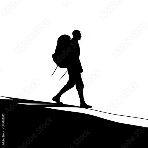 black and white silhouette of a man and woman with backpack walking up a hill backpack, black, couple, hill, man, mountain, people, person, silhouette, walk, woman , Generative art.