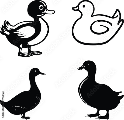 Duck Silhouette Vector Set – Detailed and Minimalist Side Views in Black and White