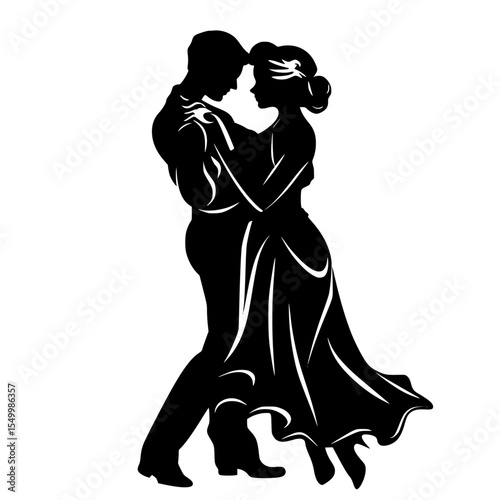 a black and white silhouette of a man and woman dancing in love black, couple, dance, kiss, love, man, silhouette, woman , Generative art.
