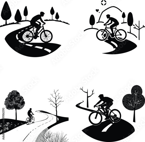 Cyclist Adventure Silhouette Vector Set – Scenic Biking Paths with Trees, Curves, and Whimsical Elements
