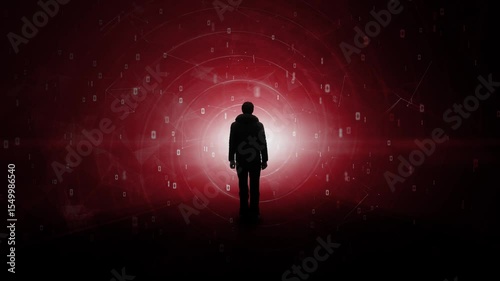 Person silhouette on dark dangerous red loop spiral circle motion with binary code data animation.