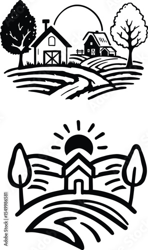 Countryside Landscape Silhouette Vector Set – Rural Farmhouses, Fields, Trees, and Sunrise in Black and White