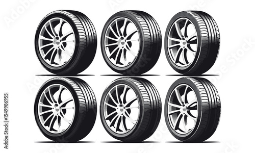 Modern vector illustration of six car tires with alloy rims displayed in a horizontal row, easily editable and scalable.