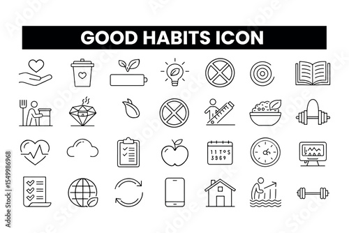 Set of  outline icons related to good habits. Linear icon collection. Editable stroke. Vector illustration