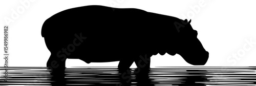 a black and white silhouette of an elephant standing in water animal, black, cow, elephant, silhouette, stand, water, wildebeest, zebra , Generative art.