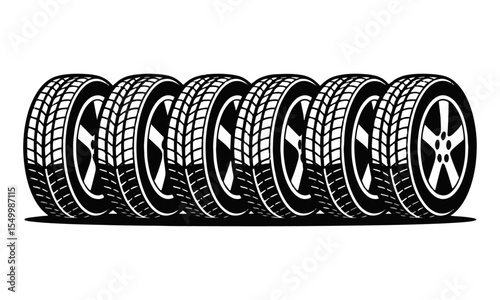 Modern vector illustration of six car tires with alloy rims displayed in a horizontal row, easily editable and scalable.