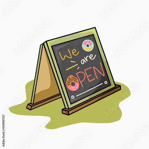 Colorful Hand-Drawn Open Signboard Vector Illustration – “We are Open” Chalkboard A-Frame on Sidewalk
