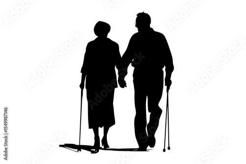 Black silhouette of an elderly woman with a cane and a man walking together, both with canes, simple and minimalistic.