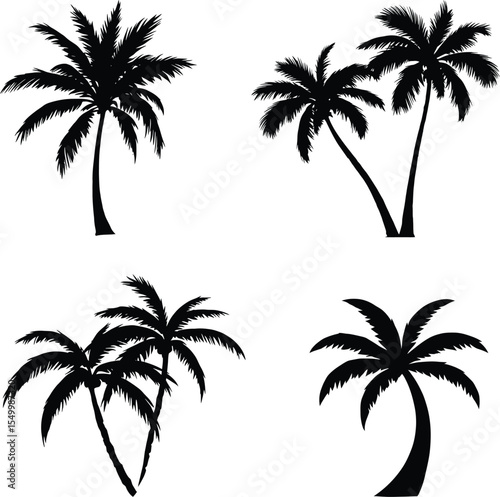 Palm Tree Silhouette Vector Set – Varied Tropical Tree Designs with Curved Trunks and Lush Fronds