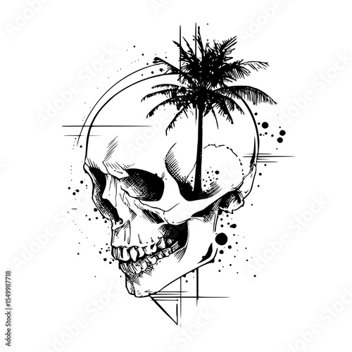 a skull with a palm tree on a white background art, palm tree, skull , Generative art.