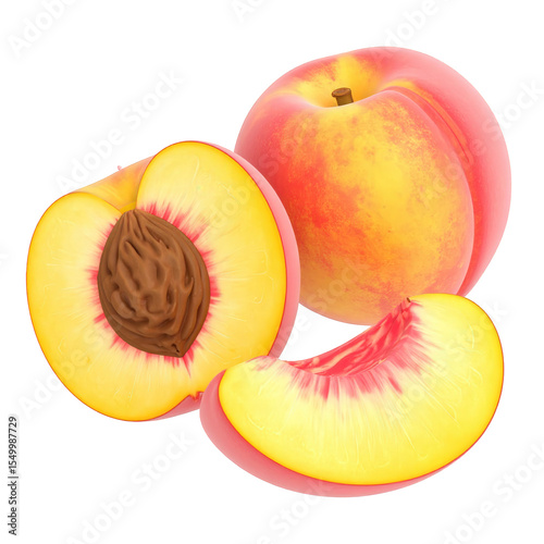 A still life of peaches with one whole peach and two peach slices isolated on transparent background
