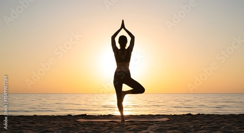 Yoga Tree Pose on the Beach During Sunrise