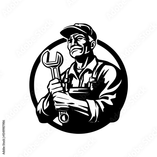 A black-and-white digital drawing of a muscular, determined man in overalls and a cap, holding a large wrench, within a circular frame. The style is bold and graphic, emphasizing strength and work eth