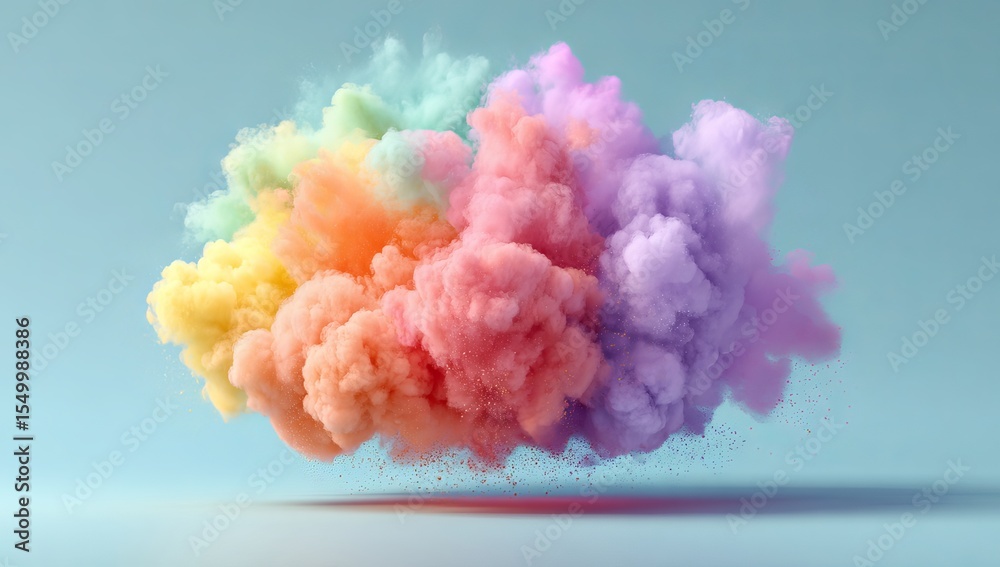 Fototapeta premium Colorful powder explosion, pastel colors flying in the air, white background, studio shot, centered composition, high-resolution photography, hyper-realistic details, close-up shot, soft lighting, 