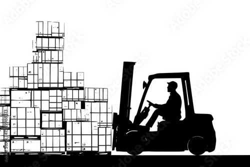 a black silhouette of a man with a forklift and pallet of boxes black, box, large, man, pallet, silhouette, stack , Generative art.