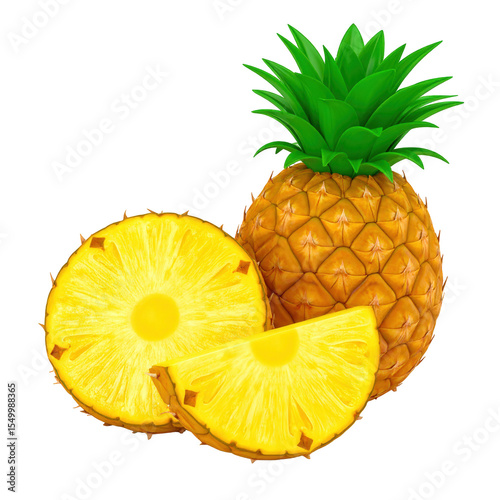A whole pineapple and sliced pineapple on a black background studio shot isolated on transparent background