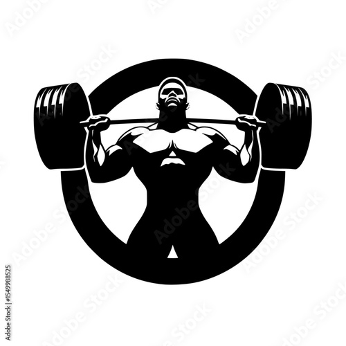 a black silhouette of a man lifting a barbell in a circle black, circle, illustration, man, silhouette, strong , Generative art.