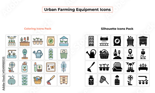 Urban Farming Equipment Icons Set – Color and Silhouette Style