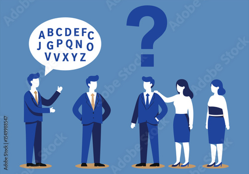 Business people with question marks symbolizing team communication and new ideas