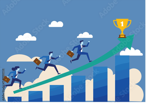 Ambitious businessman running up stairs toward a sky of success, a 3D concept of career growth and financial achievement