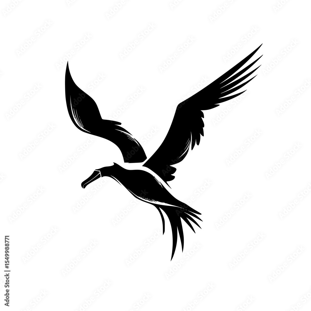 Fototapeta premium the black silhouette of a stork in flight on a white background bird, black, flight, fly, silhouette, stork, wing , Generative art.