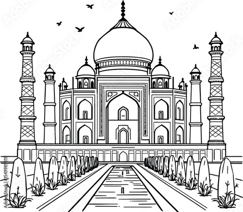 Taj Mahal Silhouette Vector Illustration – Iconic Mughal Architecture with Reflecting Pool and Birds