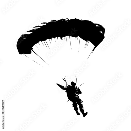 a black silhouette of a person parasailing on a white background black, man, parachute, person, silhouette , Generative art.