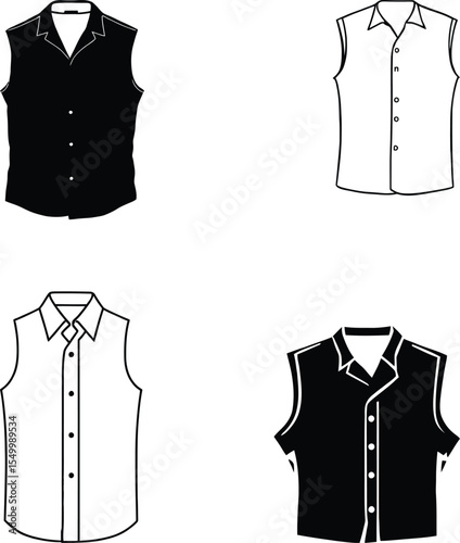 Sleeveless Shirt Silhouette Vector Set – Button-Up Collar Tops in Minimal Black and White