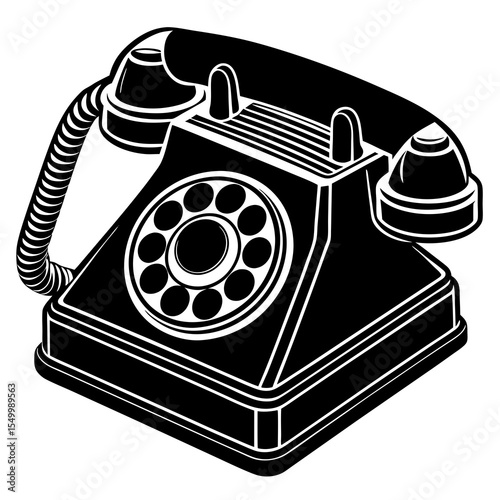 Black and white rotary dial telephone isolated on white background