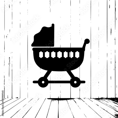 a black and white illustration of a baby stroller with a cat in a room with a wooden floor baby, black, cat, floor, illustration, room, silhouette, wall, wooden , Generative art.