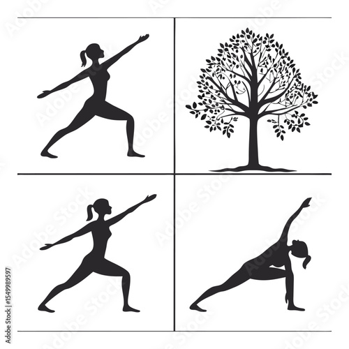 Yoga Silhouettes and Tree: A serene collection of yoga silhouettes, showcasing various poses, paired with a graceful tree illustration. Perfect for wellness themes. 