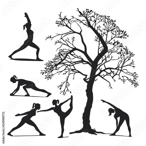 Yoga Silhouettes and Tree: A set of elegant black silhouettes of women practicing various yoga poses, set against the backdrop of a stark, leafless tree.  The image conveys a sense of serenity.