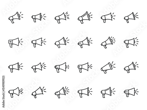 Marketing Megaphone Icon Set – Minimalist Silhouette and Outline Style Bundle on White Background Featuring Loudspeaker Symbols for Advertising, Promotion, Announcement, and Social Media Design Projec