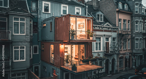 Shipping container house home, tiny house in sunny day. Shipping container houses is sustainable, eco-friendly living in the city