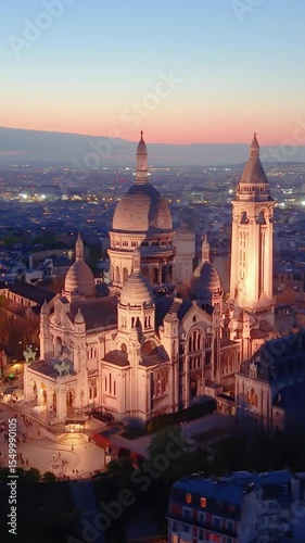 Experience the Stunning Views of the Basilica at Dusk Over the Romantic City of Paris. Vertical video