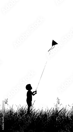 a black and white silhouette of a little girl flying a kite in a field of grass black, boy, child, field, fly, girl, grass, kite, little, silhouette, small, young , Generative art.