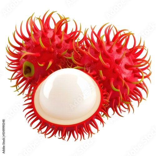 A close up of two rambutan fruits with one peeled on black background isolated on transparent background