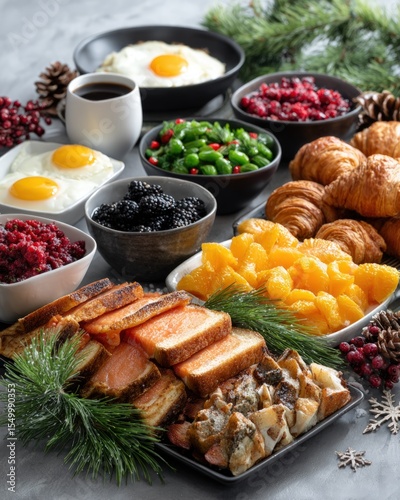 Festive holiday breakfast buffet with various foods.