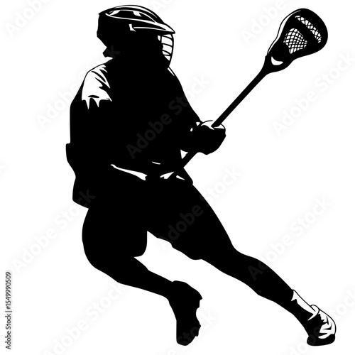 a black silhouette of a lacrosse player with a lacrosse stick ball, black, silhouette , Generative art.
