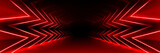 Futuristic red neon tunnel with glowing geometric lines - abstract corridor perspective with bright laser arrows creating infinite depth for cyberpunk bg, gaming or electronic music designs.