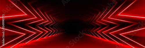 Futuristic red neon tunnel with glowing geometric lines - abstract corridor perspective with bright laser arrows creating infinite depth for cyberpunk bg, gaming or electronic music designs.