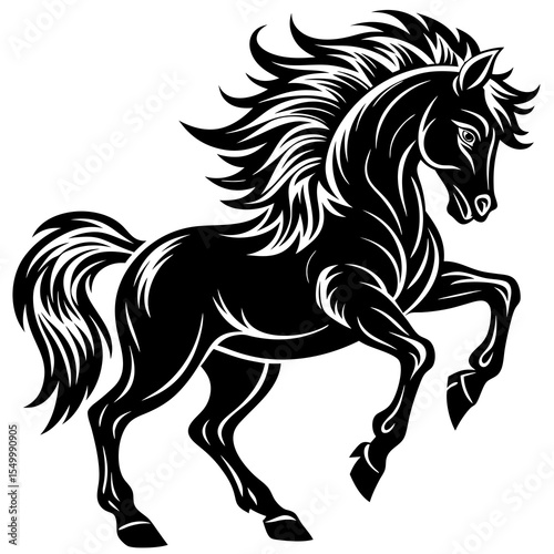 Illustration of a black stallion prancing isolated on white background
