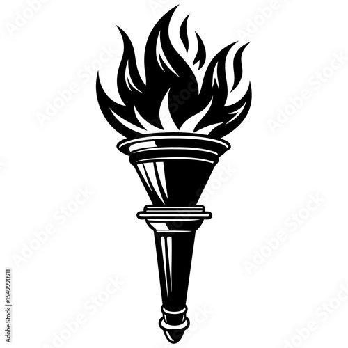 Black and white torch with a bright flame isolated on white backdrop