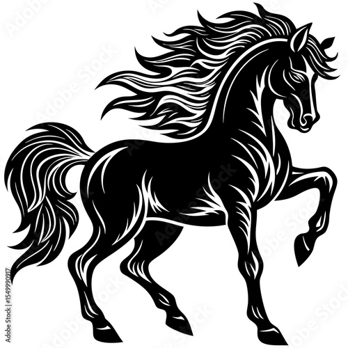Black stallion prancing with flowing mane isolated on white background