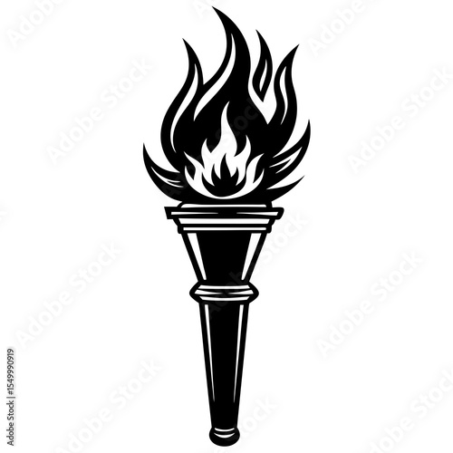 Black and white torch with bright flame isolated on white background